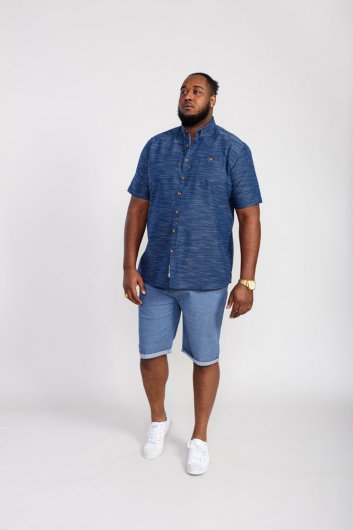 HOVE-D555 Multi Coloured Textured Fabric Short Sleeve Button Down Shirt-Navy-2XL