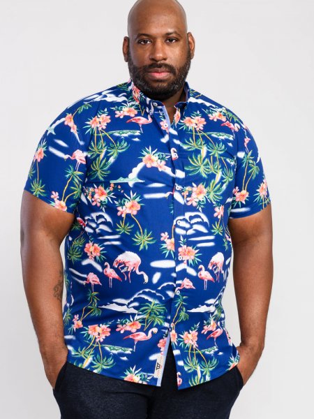 DURHAM-D555 Flamingo Hawaiian Ao Print Short Sleeve Button Down Collar Shirt-Blue-2XL