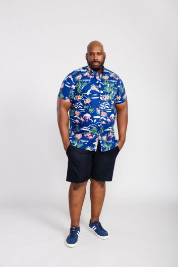 DURHAM-D555 Flamingo Hawaiian Ao Print Short Sleeve Button Down Collar Shirt-Blue-2XL
