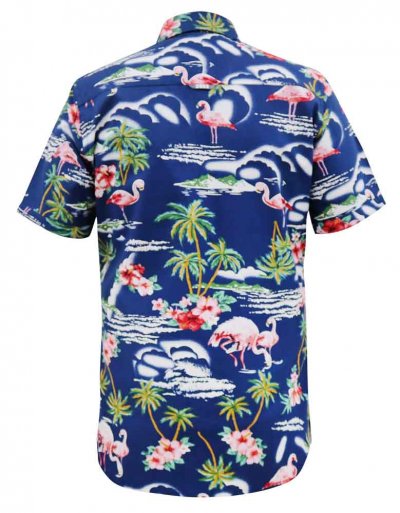 DURHAM-D555 Flamingo Hawaiian Ao Print Short Sleeve Button Down Collar Shirt-Blue-3XL