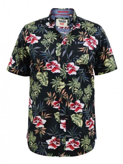 WILTON-D555 Hawaiian Ao Print Short Sleeve Button Down Collar Shirt-Black-2XL