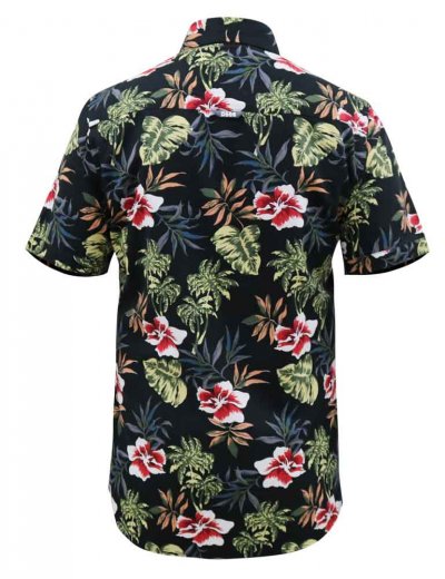 WILTON-D555 Hawaiian Ao Print Short Sleeve Button Down Collar Shirt-Black-2XL