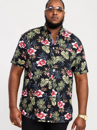 WILTON-D555 Hawaiian Ao Print Short Sleeve Button Down Collar Shirt-Black-1XLT