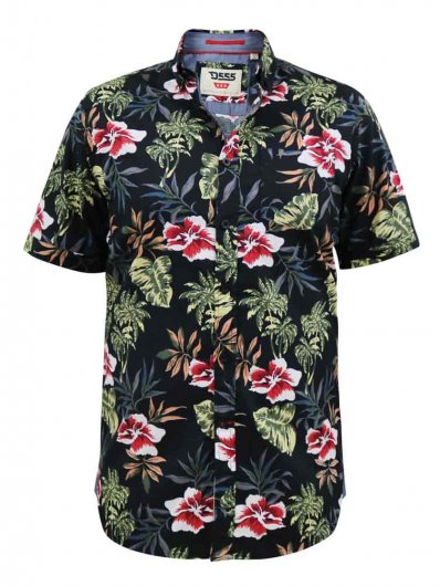 WILTON-D555 Hawaiian Ao Print Short Sleeve Button Down Collar Shirt-Black-1XLT