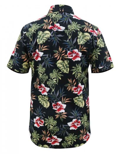 WILTON-D555 Hawaiian Ao Print Short Sleeve Button Down Collar Shirt-Black-1XLT