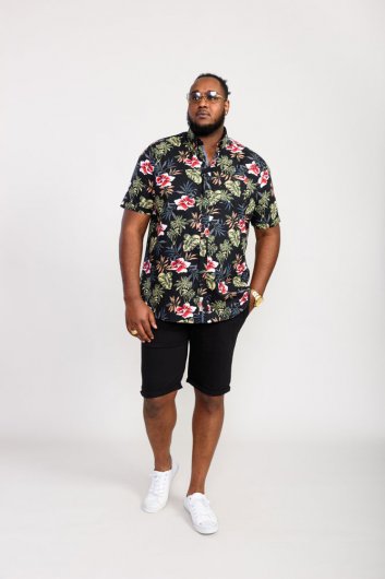 WILTON-D555 Hawaiian Ao Print Short Sleeve Button Down Collar Shirt-Black-3XLT