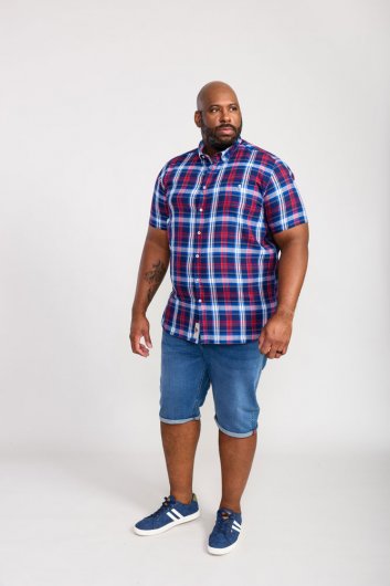 PORTLAND-D555 Check Button Down Collar S/S Shirt With Pocket-Blue-3XL