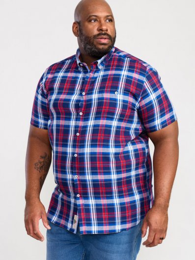 PORTLAND-D555 Check Button Down Collar S/S Shirt With Pocket-Blue-LT