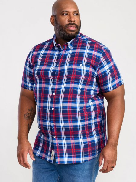 PORTLAND-D555 Check Button Down Collar S/S Shirt With Pocket-Blue-3XLT