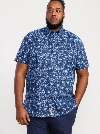 PADBURY-D555 Floral Ao Printed Button Down Collar S/S Shirt With Pocket-Navy-2XL