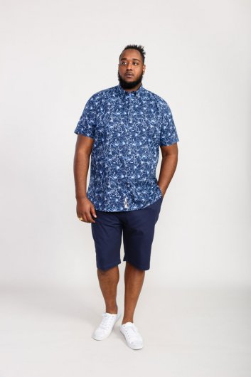 PADBURY-D555 Floral Ao Printed Button Down Collar S/S Shirt With Pocket-Navy-2XL