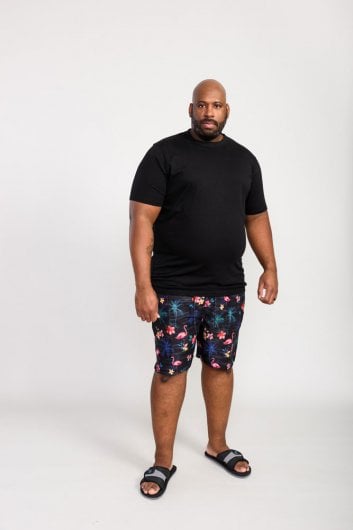 CAMPTON-D555 Flamingo And Palm Tree Printed Swim Shorts-Black-7XL