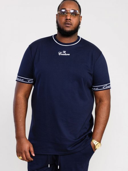 RAMSEY-D555 Couture Crew Neck T-Shirt With Chest Print With Branded Rib Cuffs-Navy-3XL