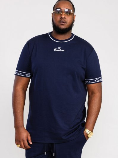 RAMSEY-D555 Couture Crew Neck T-Shirt With Chest Print With Branded Rib Cuffs-Navy-6XL