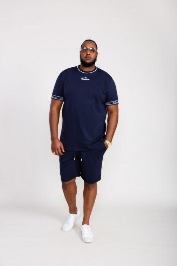 RAMSEY-D555 Couture Crew Neck T-Shirt With Chest Print With Branded Rib Cuffs-Navy-6XL