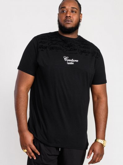 COLBEAR-D555 Couture Crew Neck T-Shirt With Top Panel In Flock Print-Black-5XL