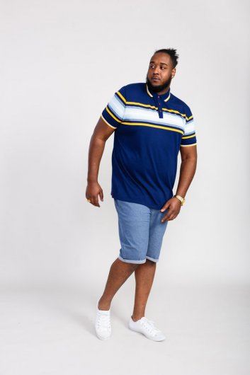 PELDON-D555 Chest Stripe Jersey Polo Shirt-Denim-4XL