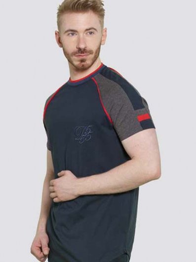 BRENDON-D555 Couture Curved Hem T-Shirt With Cut And Sew And Piping Details On Sleeves