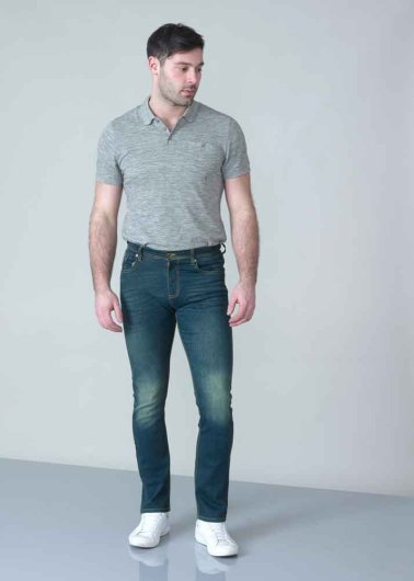 AMBROSE-Mens-D555 Slim Fit Stretch Jeans in Dark Blue Stonewash