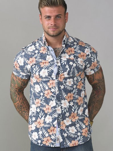 HUXLEY-D555 Short Sleeve Hawaiian Print Shirt