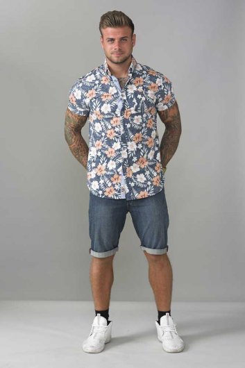 HUXLEY-D555 Short Sleeve Hawaiian Print Shirt
