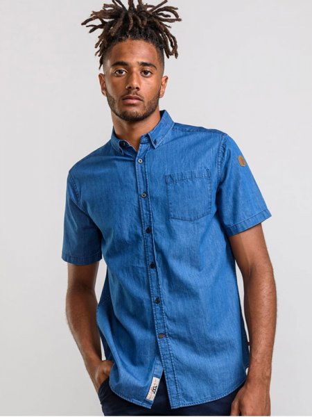 ARNOLD-D555 Denim Short Sleeve Button Down Collar Shirt With Chest Pocket