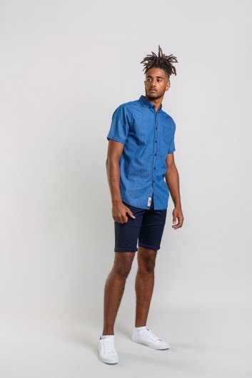 ARNOLD-D555 Denim Short Sleeve Button Down Collar Shirt With Chest Pocket