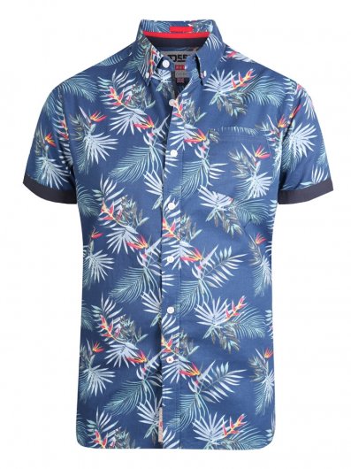 REUBEN-D555 Short Sleeve Hawaiian Leaf Print Button Down Shirt
