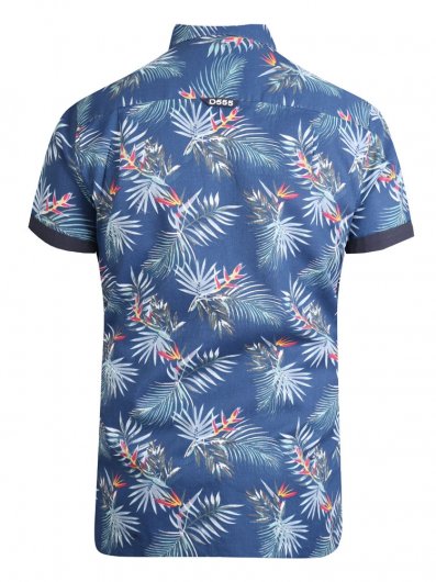 REUBEN-D555 Short Sleeve Hawaiian Leaf Print Button Down Shirt
