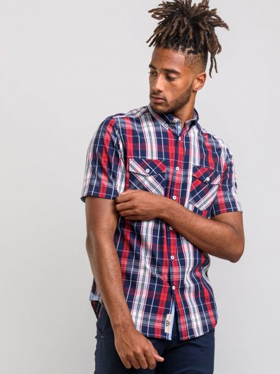 TERELL-D555 Twin Pocket Short Sleeve Navy/Red Button Down Collar Check Shirt