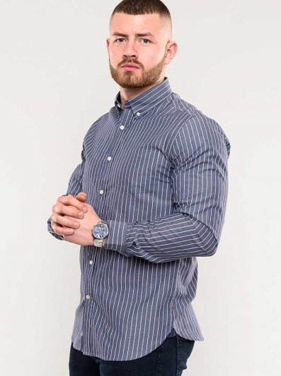 FRANKSTON-D555 Stripe Long Sleeve Button Down Shirt With Chest Pocket