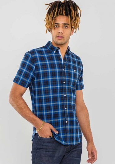 WATSON - D555 Navy Check Short Sleeve Button Down Shirt