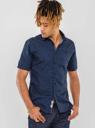 DERWENT - D555 Micro Ao Print Short Sleeve Shirt With Hidden Button Down Collar