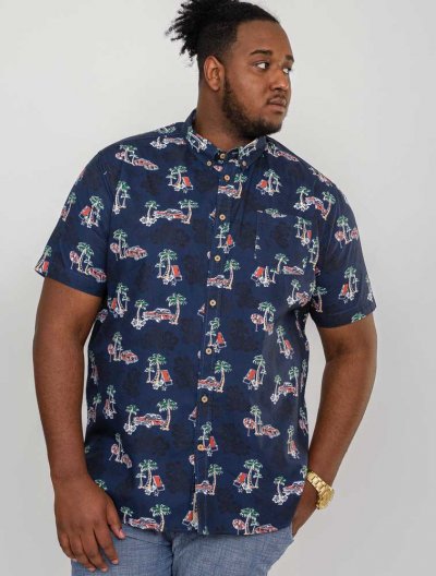 AVENGER - D555 Classic Car And Palm Tree Ao Print Short Sleeve Button Down Shirt