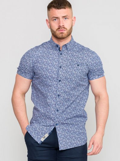 LONGMOOR-D555 S/S Micro Ao Print Shirt With Hidden Button Down Collar & Pocket